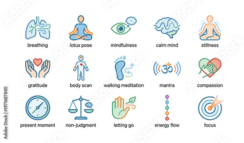 Mindfulness and meditation icons for calm and focus