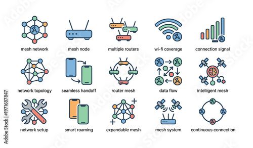 Mesh network components and connectivity diagram in technology illustration