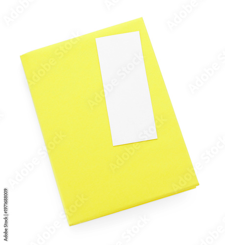 Book with color bookmark isolated on white, top view