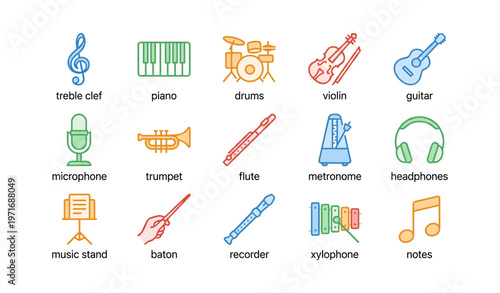 Colorful musical instrument icons including piano, drum, violin, and trumpet