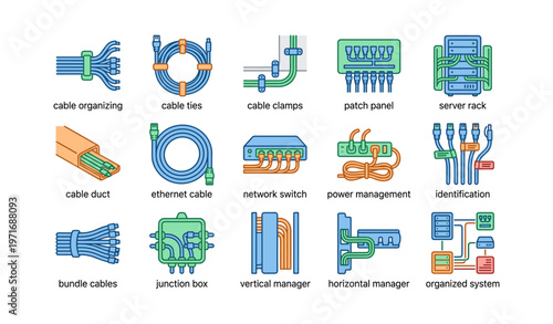 Network cable management icons: organizing solutions for efficient systems