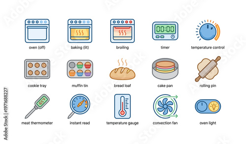 Kitchen equipment icons: oven, timer, temperature control, baking tools