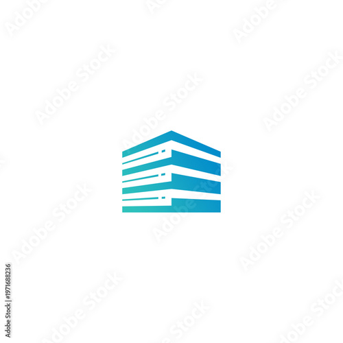 Modern abstract logo combining a building and data server racks. Blue gradient vector design. Ideal for tech, cloud computing, web hosting, and real estate businesses.