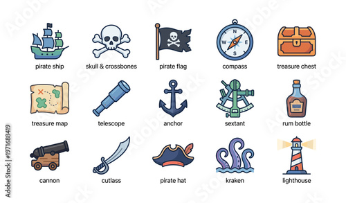 Pirate adventure icons collection featuring ship, skull, flag, compass, treasure, and kraken