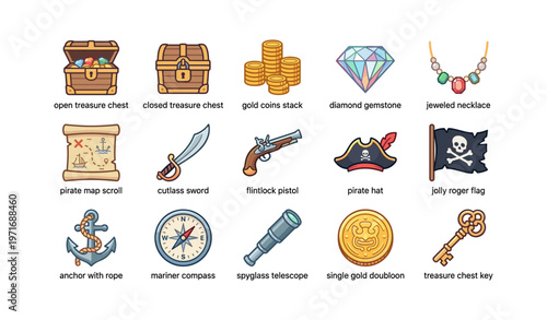 Pirate adventure icons: treasure, map, sword, pistol, gemstone, flag, hat, compass