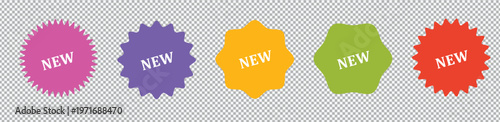 Collection of colorful "NEW" arrival tag icons in different starburst and sunburst shapes. Set of marketing promo badges and sale stickers isolated on transparent background.