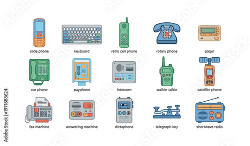 Vintage networking devices: rotary phone, fax machine, intercom, and more icon set