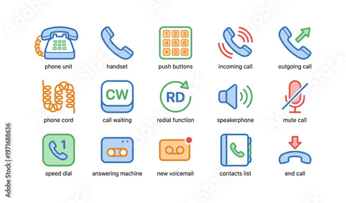 Colorful communication icons: telephones, calls, buttons, and speakerphone symbols