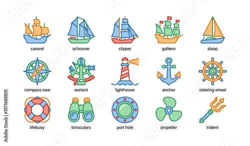 Colorful nautical icons: ships, lighthouse, compass, anchor, trident
