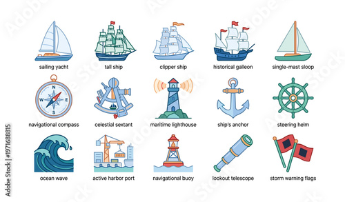 Maritime icons collection featuring ships, compass, lighthouse, and nautical equipment
