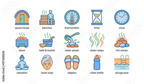 Colorful sauna and spa icon set: relaxation, wellness, and comfort elements