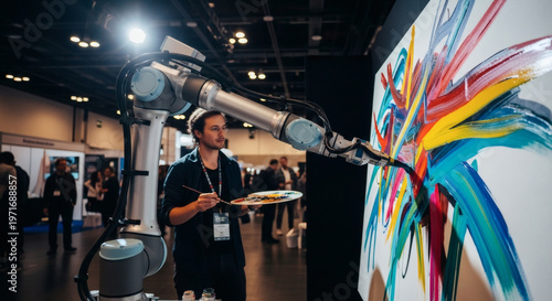 Man with robotic arm painting colorful artwork at exhibition