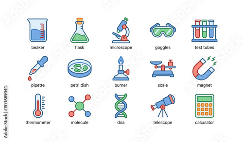 Illustrated science lab equipment icons set with colorful designs