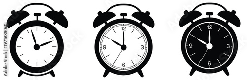Alarm clock vector icon, black and white clipart illustration representing time management
