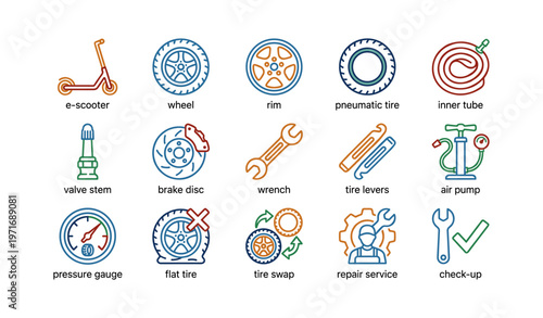 E-scooter maintenance tools and parts: wheels, tires, repair equipment