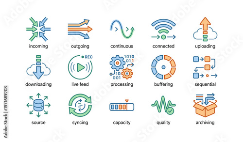 Set of colorful data and network icons including incoming, outgoing, and continuous symbols