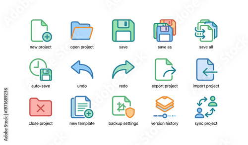 Colorful line icons for project management and file operations