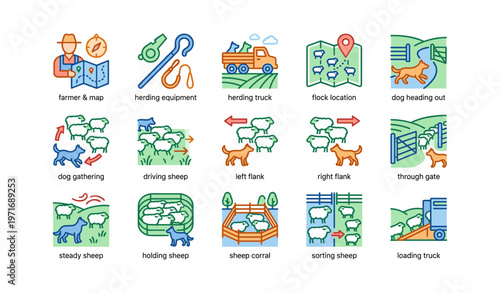 Farming icons featuring equipment, sheep, dog, and truck in various farm activities