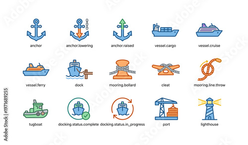 Nautical icons: anchors, ships, docking, and more