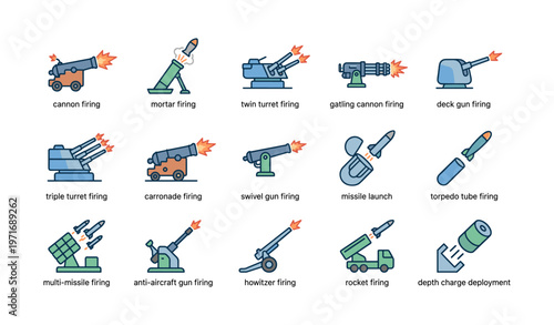 Illustrated icons of various artillery and missile launch systems in action