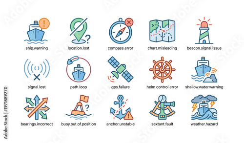 Nautical symbols depicting maritime warnings and navigation issues