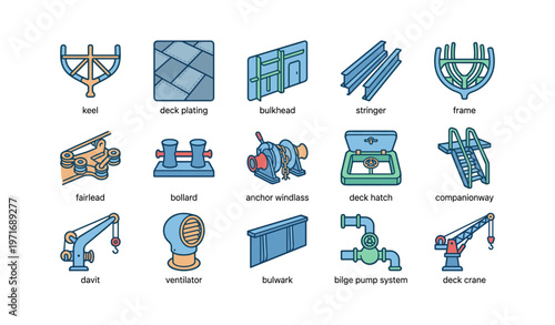 Maritime components: keel, bulkhead, anchor windlass, deck crane, bilge pump system