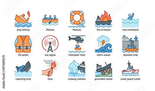 Maritime emergency icons featuring rescue and safety equipment