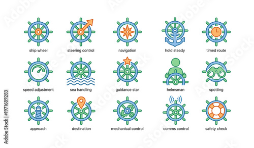 Nautical icons set featuring ship wheels and control elements