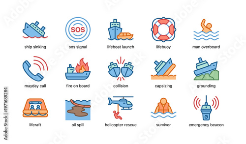 Maritime emergency icons: lifeboat, sos, lifebuoy, oil spill, helicopter rescue