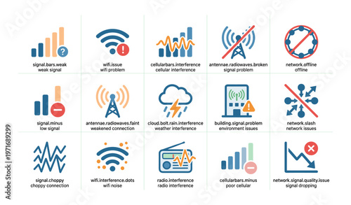 Network issues and connectivity problems icons with various symbols and indicators