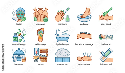Icons of spa treatments: massage, manicure, pedicure, aromatherapy, sauna, acupuncture