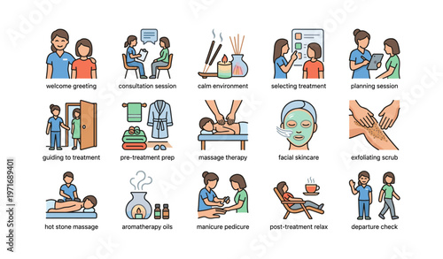 Spa treatment process for relaxation and wellness illustrated with diverse characters