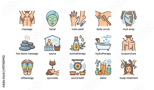 Icons depicting spa and wellness treatments with illustrations of various relaxation services