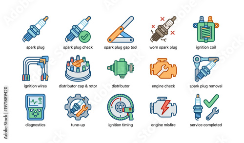 Colorful icons for car maintenance: spark plug, ignition coil, diagnostics, engine check