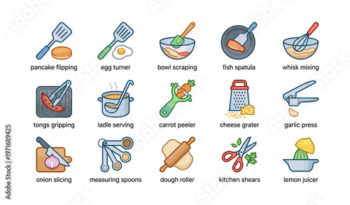 Kitchen utensil icons for cooking and baking with colorful designs