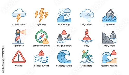 Weather and maritime hazard icons: thunderstorm, lightning, high wind, rough seas, dangerous waves