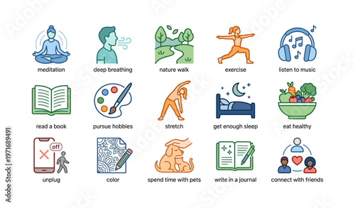 Icons illustrating wellness activities: meditation, nature walks, exercise, music, reading, hobbies, sleep, healthy eating