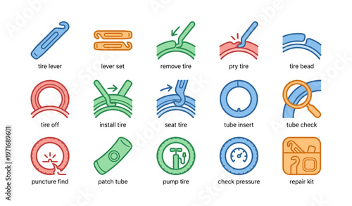 Bicycle tire repair kit icons including lever, pressure gauge, and tube check