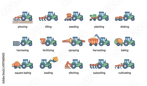 Farm equipment icons: plowing, seeding, harvesting, cultivating, loading
