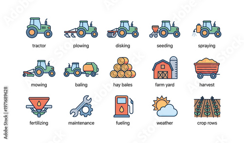 Colorful farm machinery and agriculture icons set featuring tractor and tools