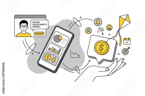 Financial planning and budget adjustments discussed via mobile app and video call