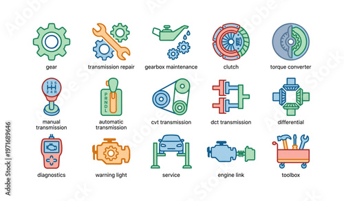 Colorful car transmission and maintenance icons set