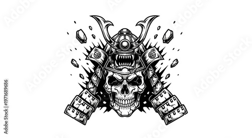 Samurai skull illustration in black and white isolated on white background