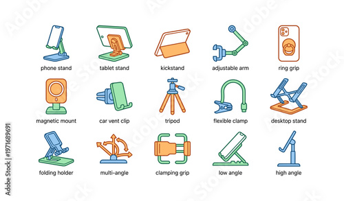 Various device holders and stands illustrated in colorful designs