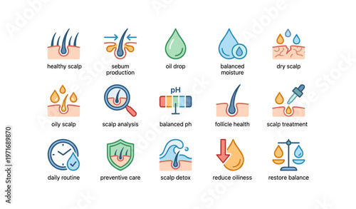 Scalp health and care icons: moisture, analysis, and oil balance for optimal hair and follicle health