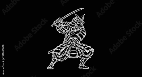Samurai warrior silhouette with sword in attack position on black background