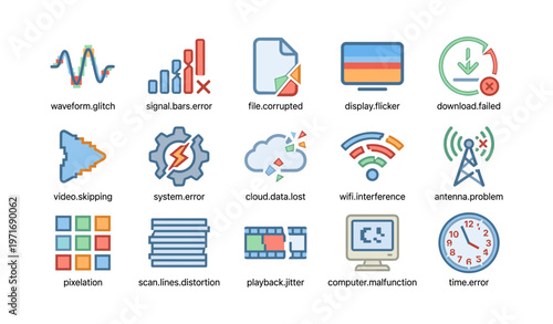 Common digital issues icons: waveform glitch, signal error, data loss, system failure, pixelation