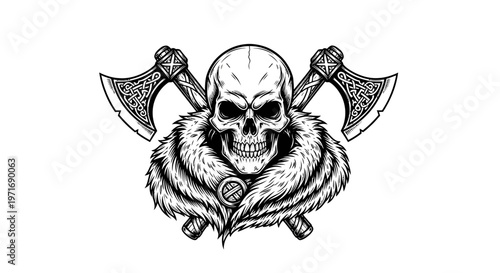 Skull with axes and fur collar symbolizing strength and mortality