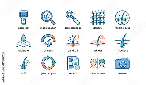 Hair analysis icons: tools and concepts for scalp and hair health evaluation
