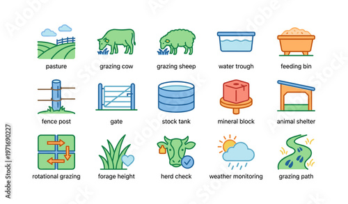 Livestock farming practices illustrated with animals and farming tools
